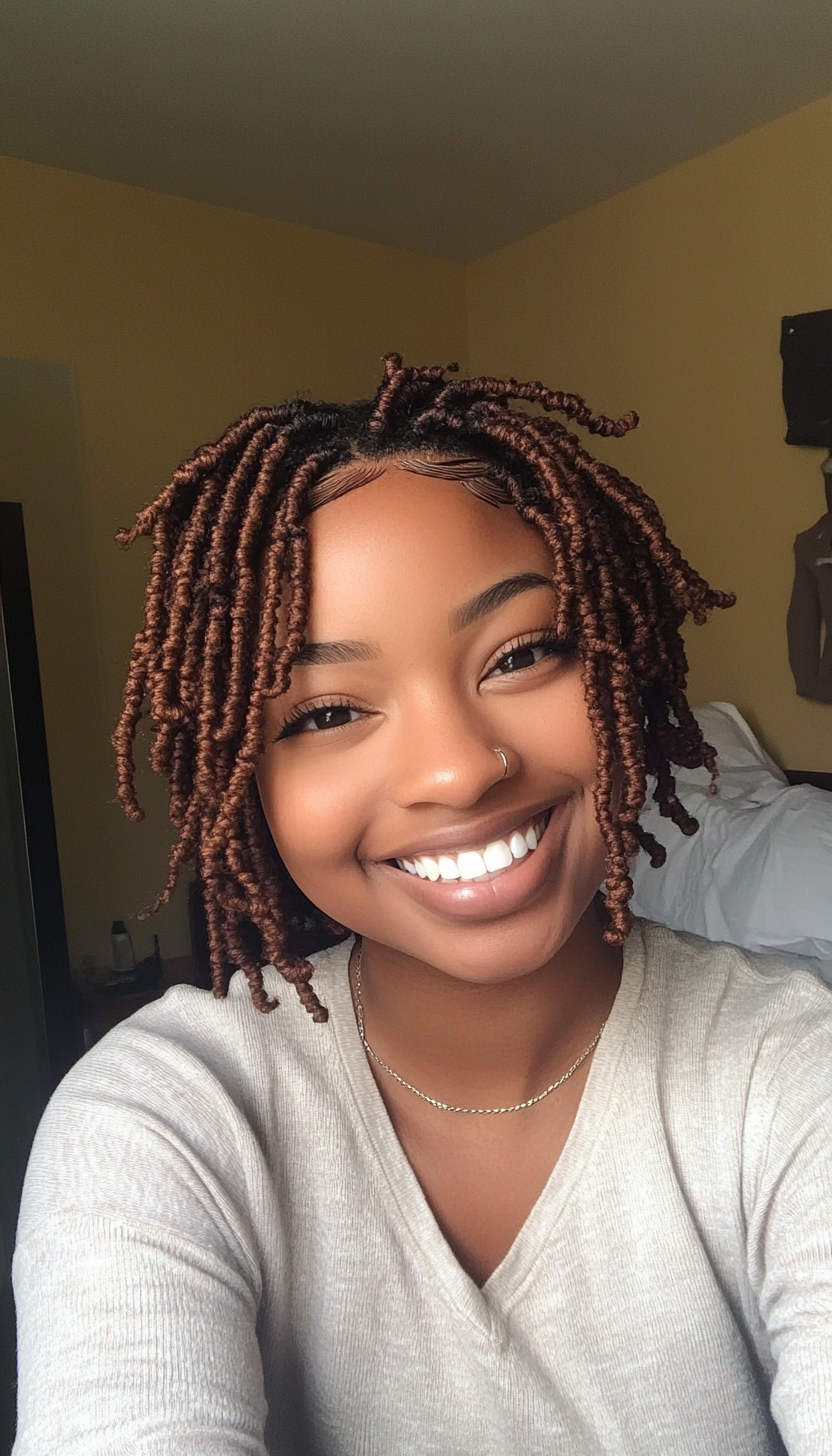 26. Short Locs in Chestnut Brown (Short Hairstyles For Black Women) - Short Hairstyles For Black Women