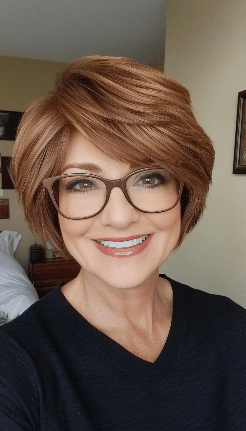 3. Layered Chestnut Crop (Short Hairstyles For Women Over 60 With Glasses) - Short Hairstyles For Women Over 60 With Glasses