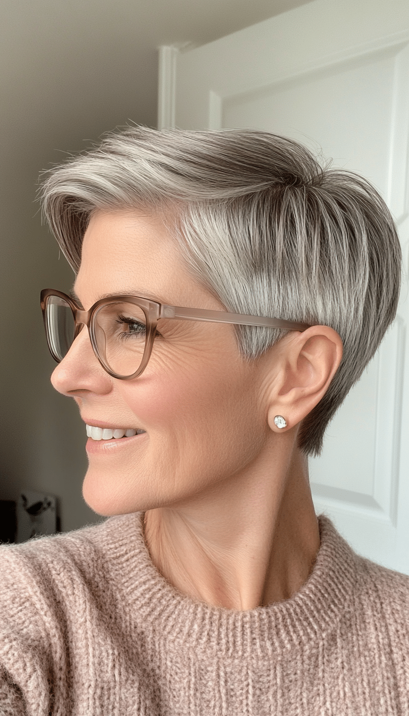 4. Salt-and-Pepper Tapered Cut (Short Hairstyles For Women Over 60 With Glasses) - Short Hairstyles For Women Over 60 With Glasses
