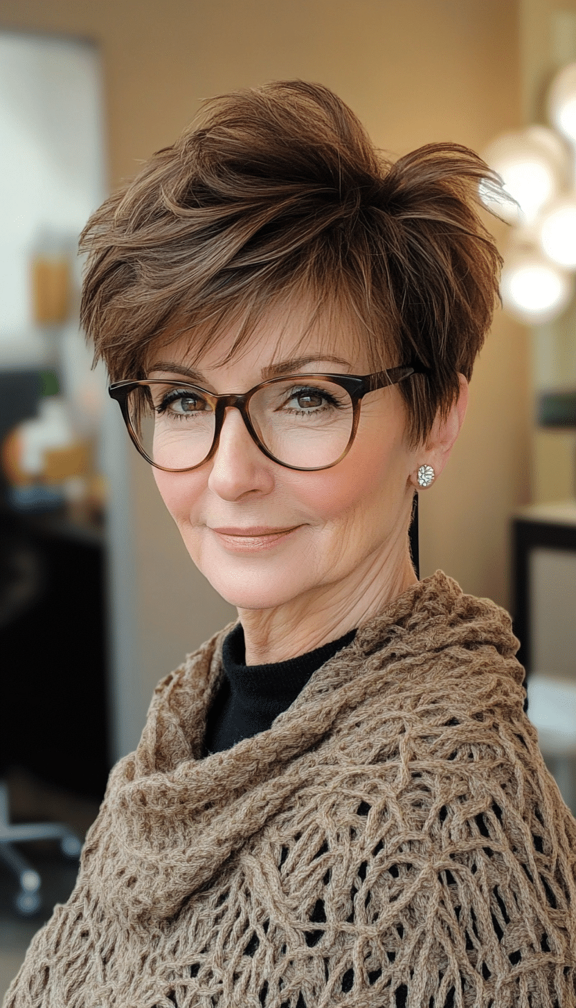 5. Warm Brunette Textured Pixie (Short Hairstyles For Women Over 60 With Glasses) - Short Hairstyles For Women Over 60 With Glasses