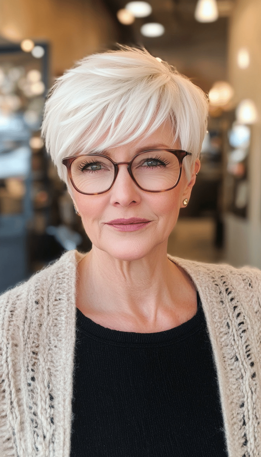 7. White Blonde Wispy Crop (Short Hairstyles For Women Over 60 With Glasses) - Short Hairstyles For Women Over 60 With Glasses