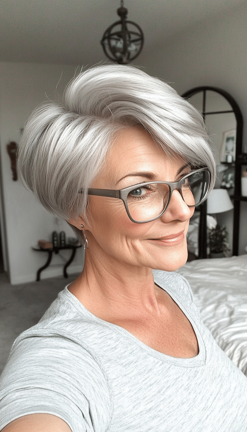 10. Elegant Silver Feathered Cut (Short Hairstyles For Women Over 60 With Glasses) - Short Hairstyles For Women Over 60 With Glasses
