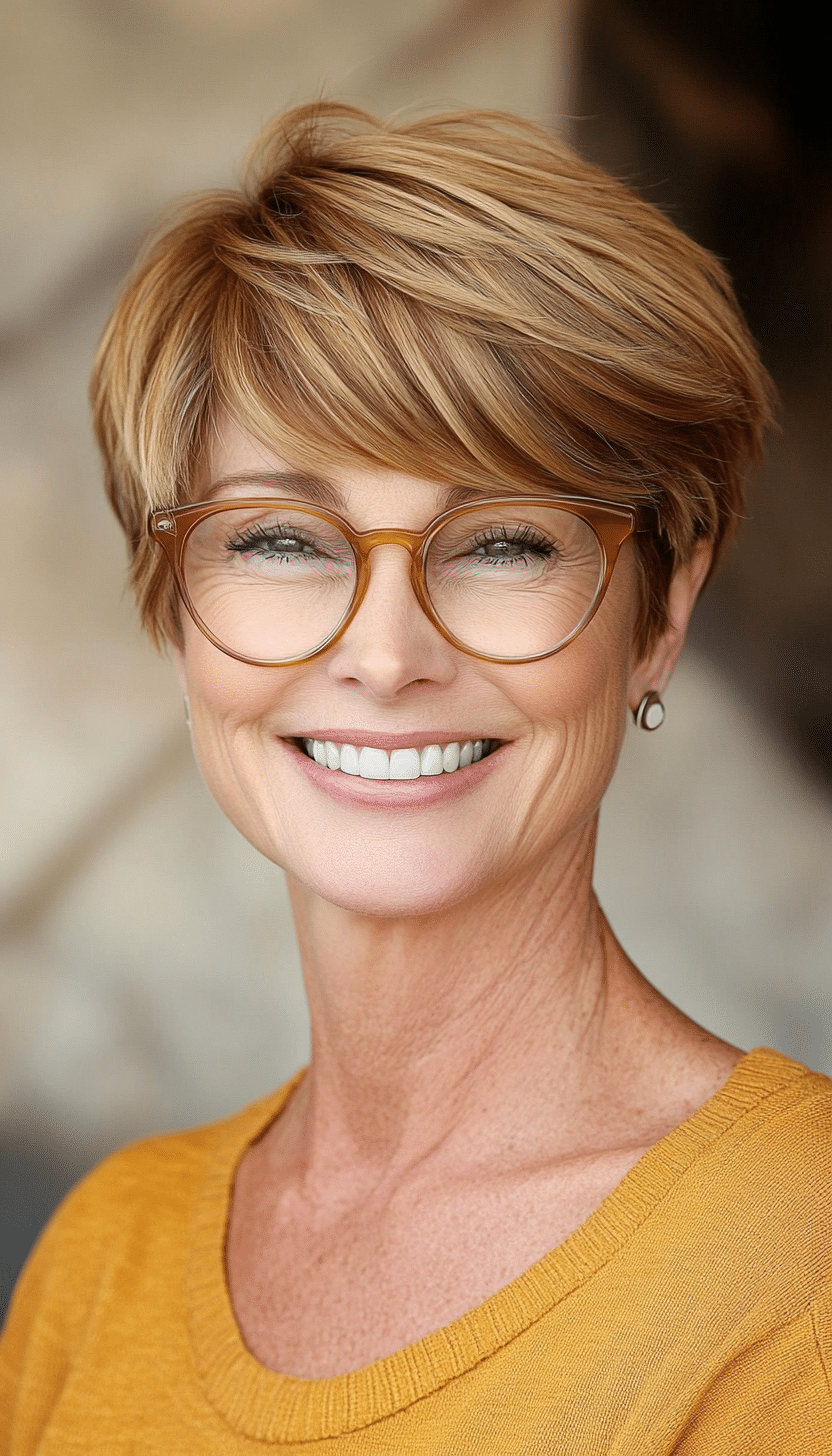 11. Golden Honey Short Crop (Short Hairstyles For Women Over 60 With Glasses) - Short Hairstyles For Women Over 60 With Glasses