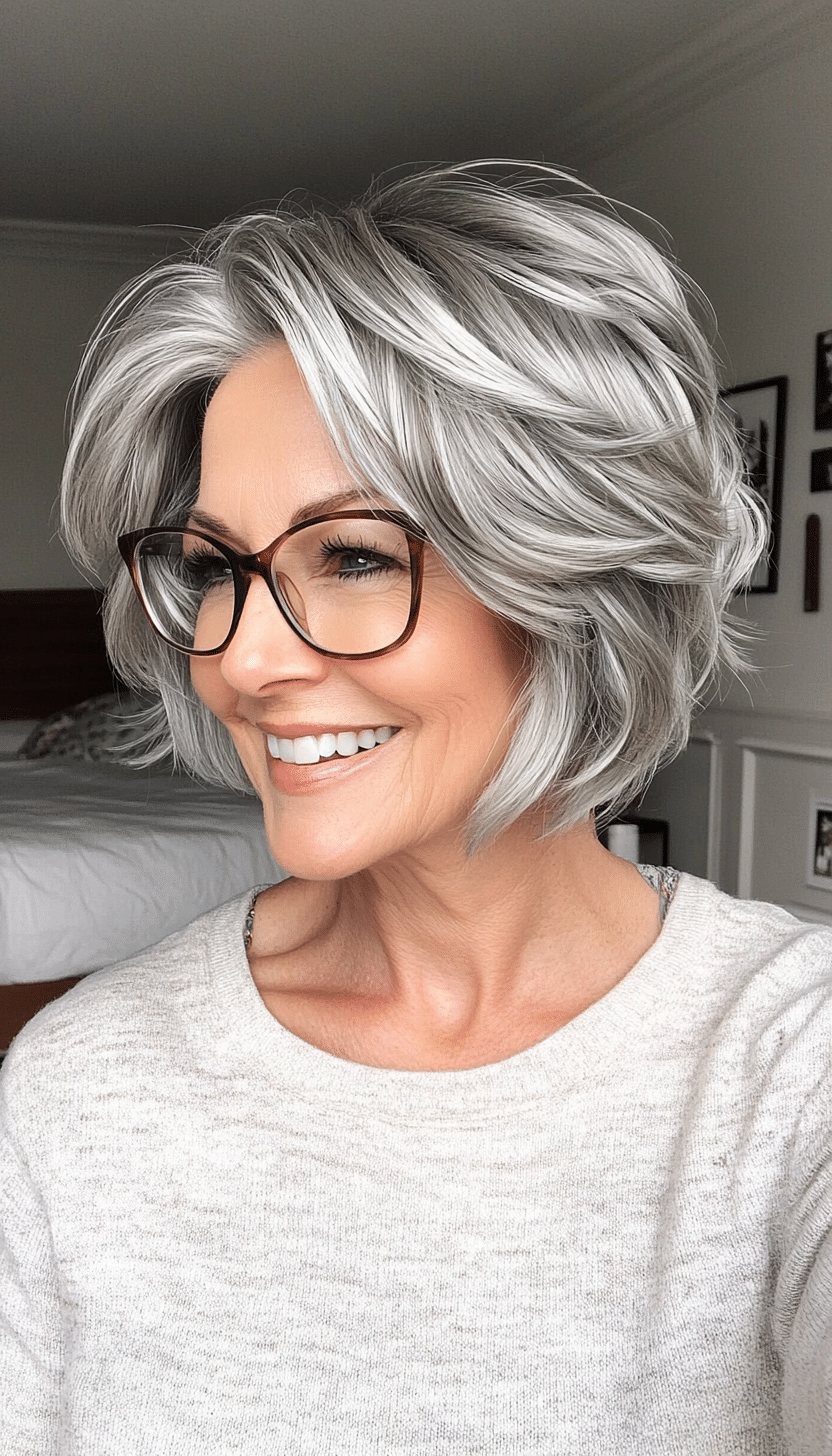 13. Cool Gray Tousled Bob (Short Hairstyles For Women Over 60 With Glasses) - Short Hairstyles For Women Over 60 With Glasses