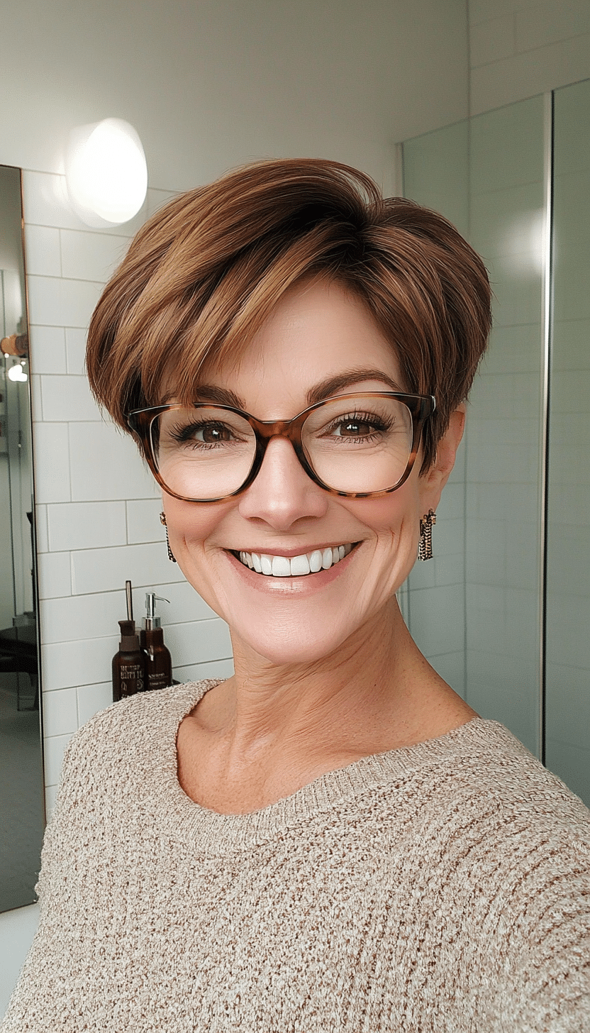 15. Chestnut Balayage Pixie (Short Hairstyles For Women Over 60 With Glasses) - Short Hairstyles For Women Over 60 With Glasses