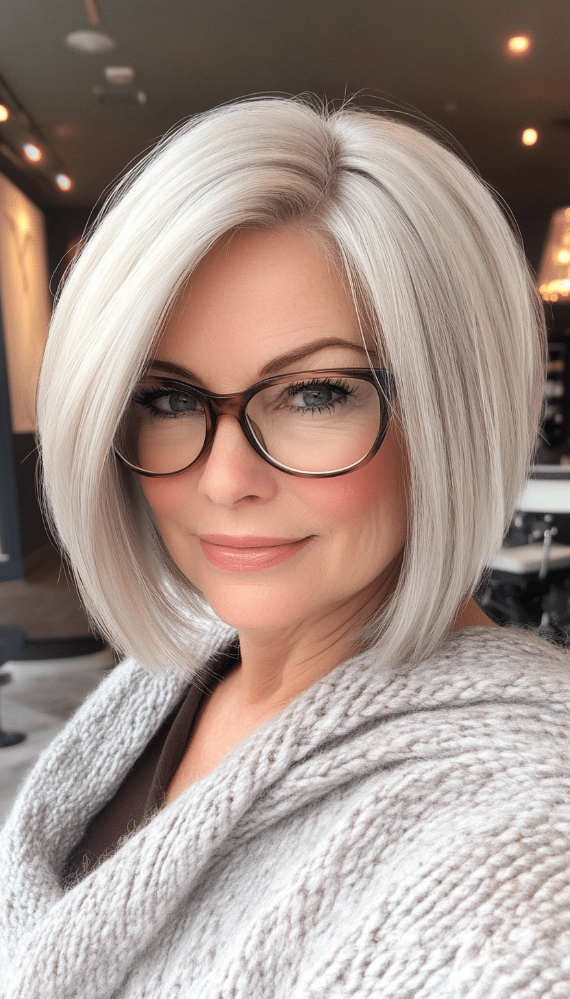 17. Silver Blonde Stacked Bob (Short Hairstyles For Women Over 60 With Glasses) - Short Hairstyles For Women Over 60 With Glasses