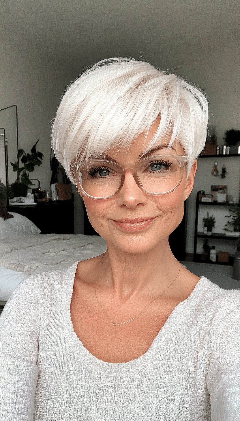 18. Natural White Pixie with Bangs (Short Hairstyles For Women Over 60 With Glasses) - Short Hairstyles For Women Over 60 With Glasses
