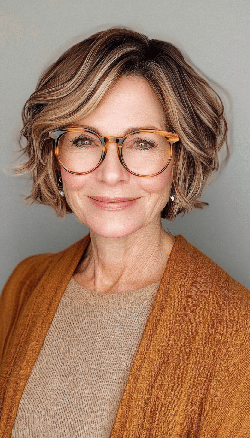 25. Golden Brunette Chin-Length Cut (Short Hairstyles For Women Over 60 With Glasses) - Short Hairstyles For Women Over 60 With Glasses
