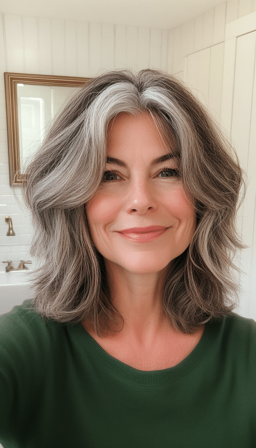 2. Salt and Pepper Layered Shag (Shag Haircuts For Women Over 50) - Shag Haircuts For Women Over 50