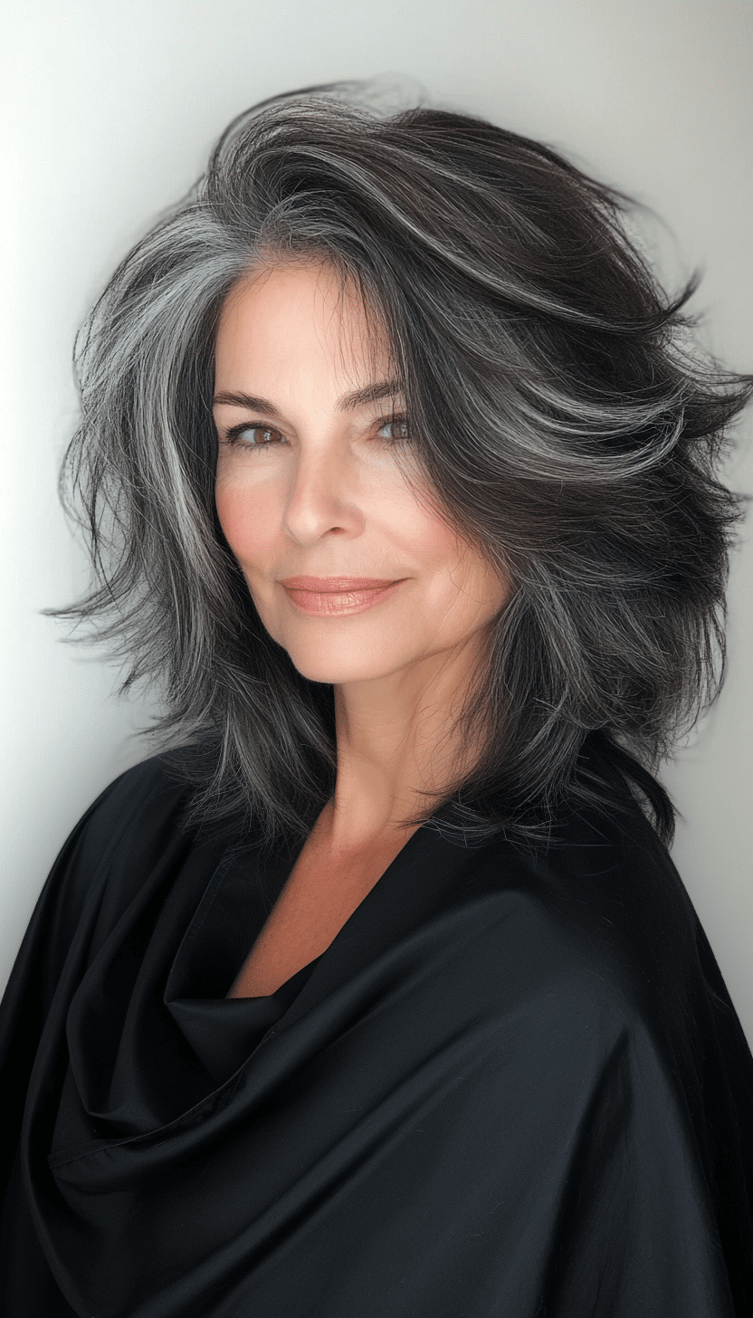 19. Dark Charcoal Chic Shag (Shag Haircuts For Women Over 50) - Shag Haircuts For Women Over 50