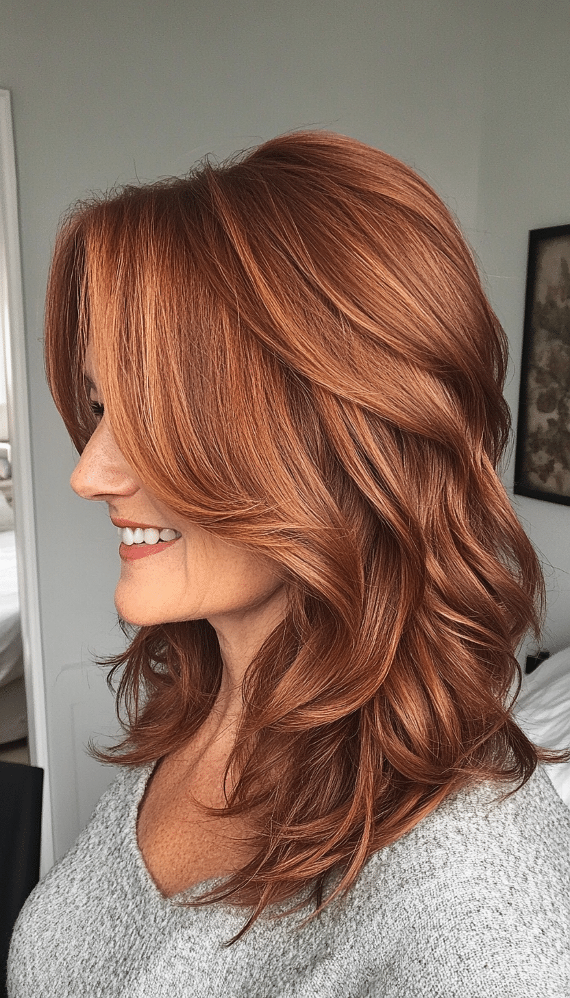 22. Warm Cinnamon Wavy Shag (Shag Haircuts For Women Over 50) - Shag Haircuts For Women Over 50
