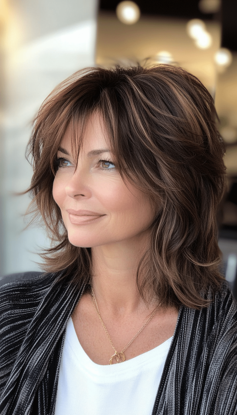 24. Bronzed Brunette Messy Shag (Shag Haircuts For Women Over 50) - Shag Haircuts For Women Over 50