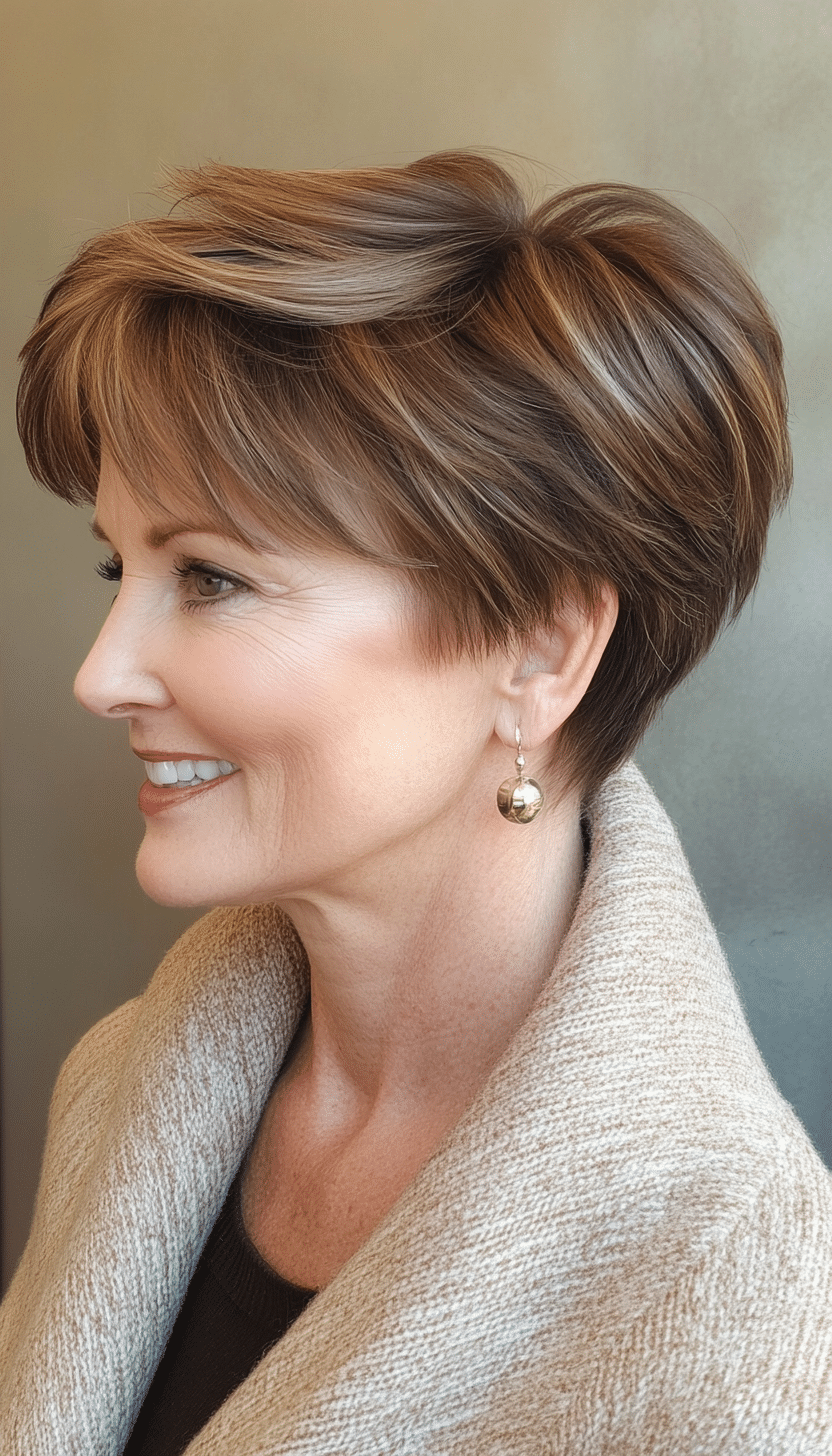 1. Soft Layered Pixie in Warm Brunette (Short Hairstyles For Older Women) - Short Hairstyles For Older Women