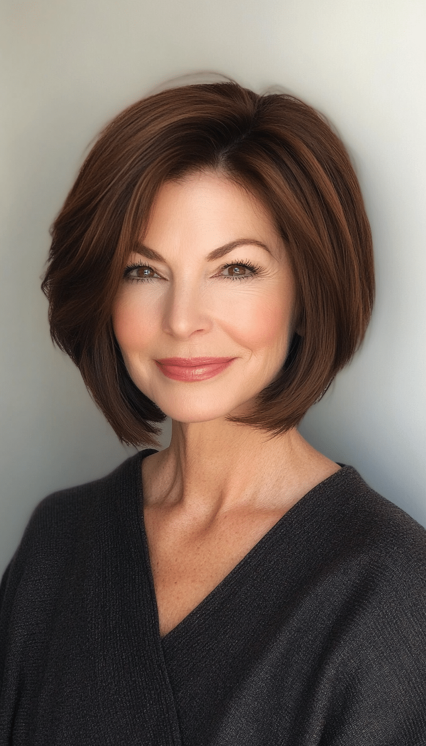 2. Chin-Length Bob with Side Part in Dark Chestnut (Short Hairstyles For Older Women) - Short Hairstyles For Older Women