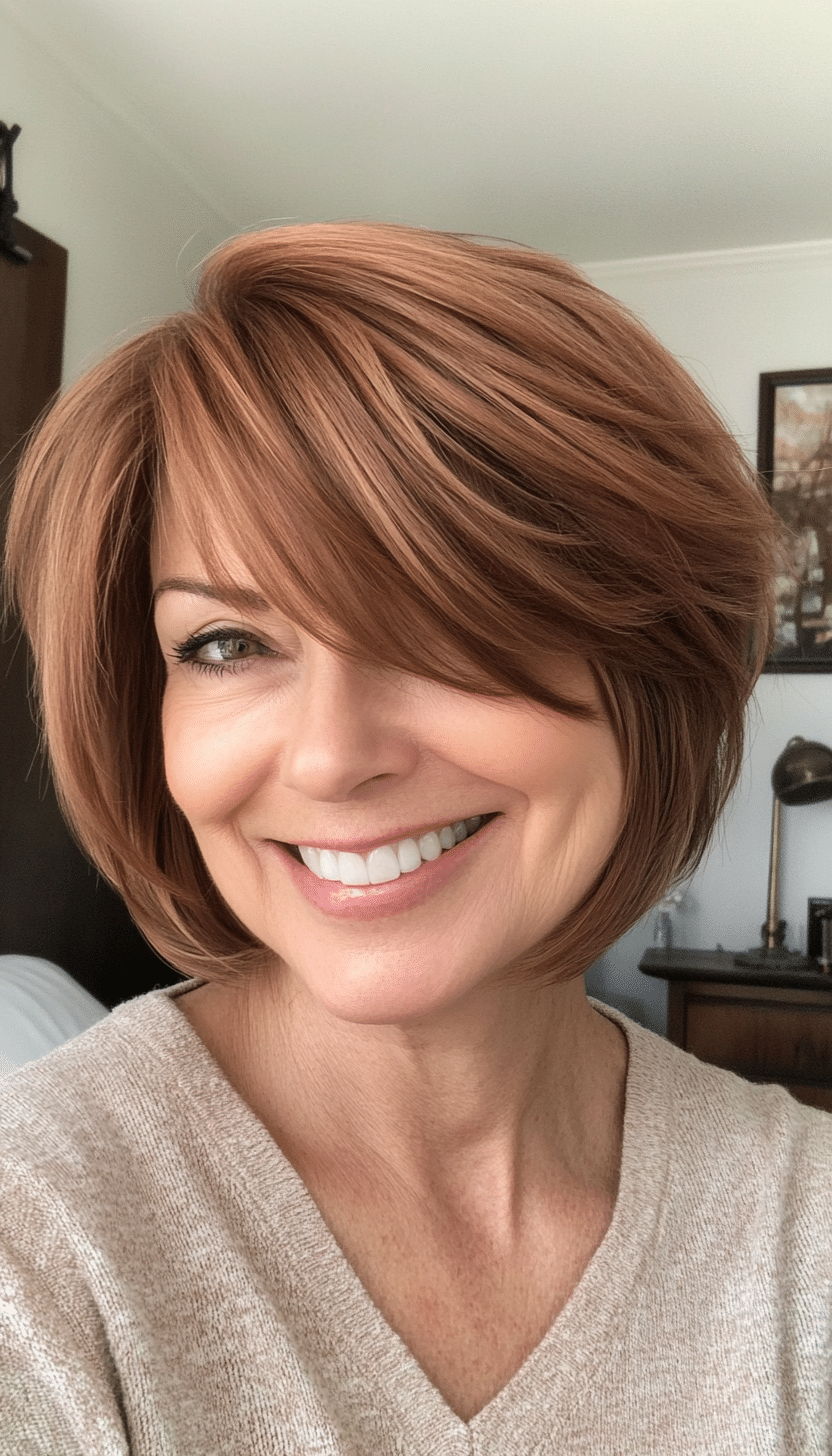 7. Layered Crop with Wispy Bangs in Light Copper Brown (Short Hairstyles For Older Women) - Short Hairstyles For Older Women