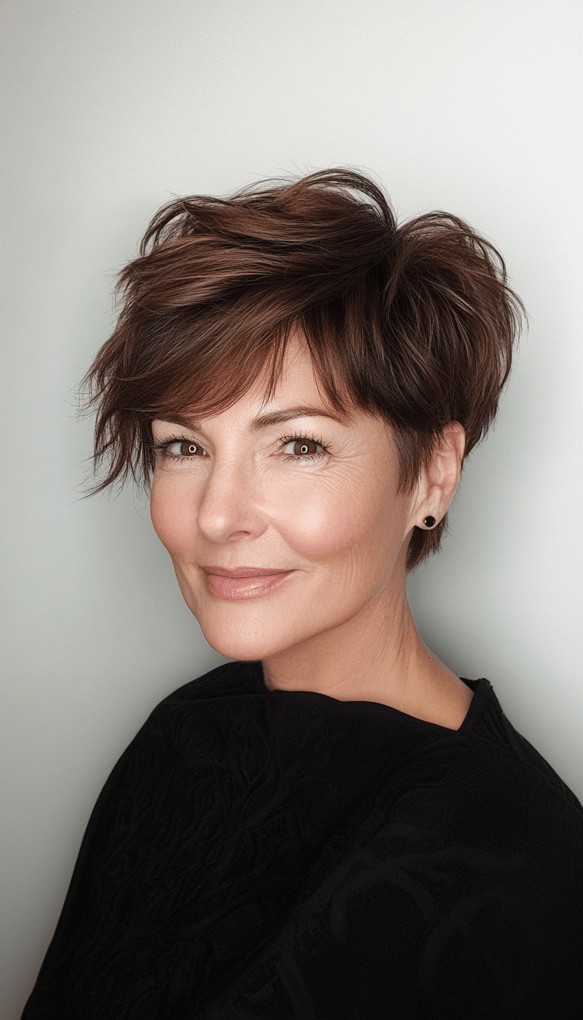 10. Asymmetrical Crop in Warm Chestnut Brown (Short Hairstyles For Older Women) - Short Hairstyles For Older Women