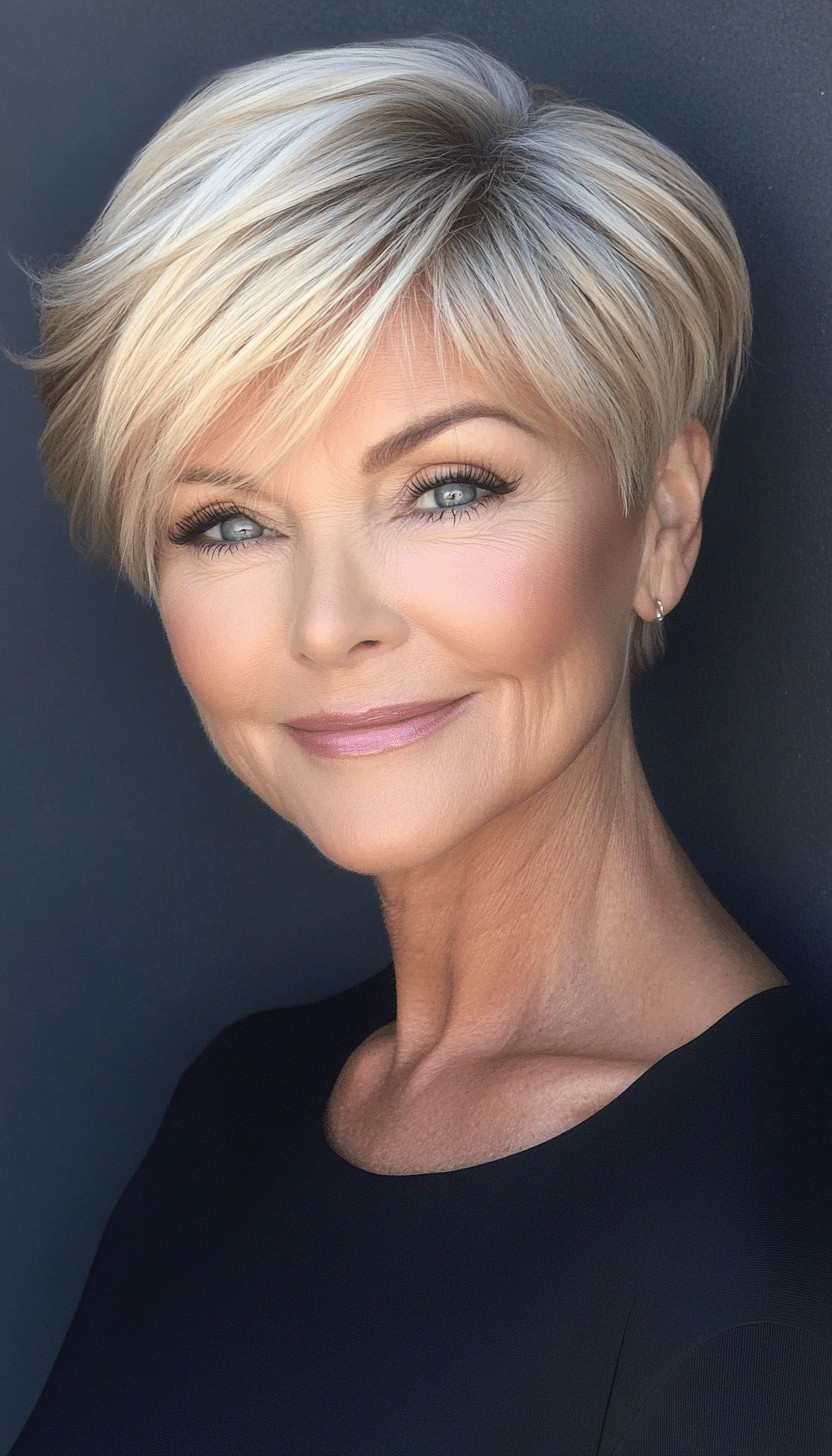 12. Side-Swept Pixie in Honey Blonde (Short Hairstyles For Older Women) - Short Hairstyles For Older Women