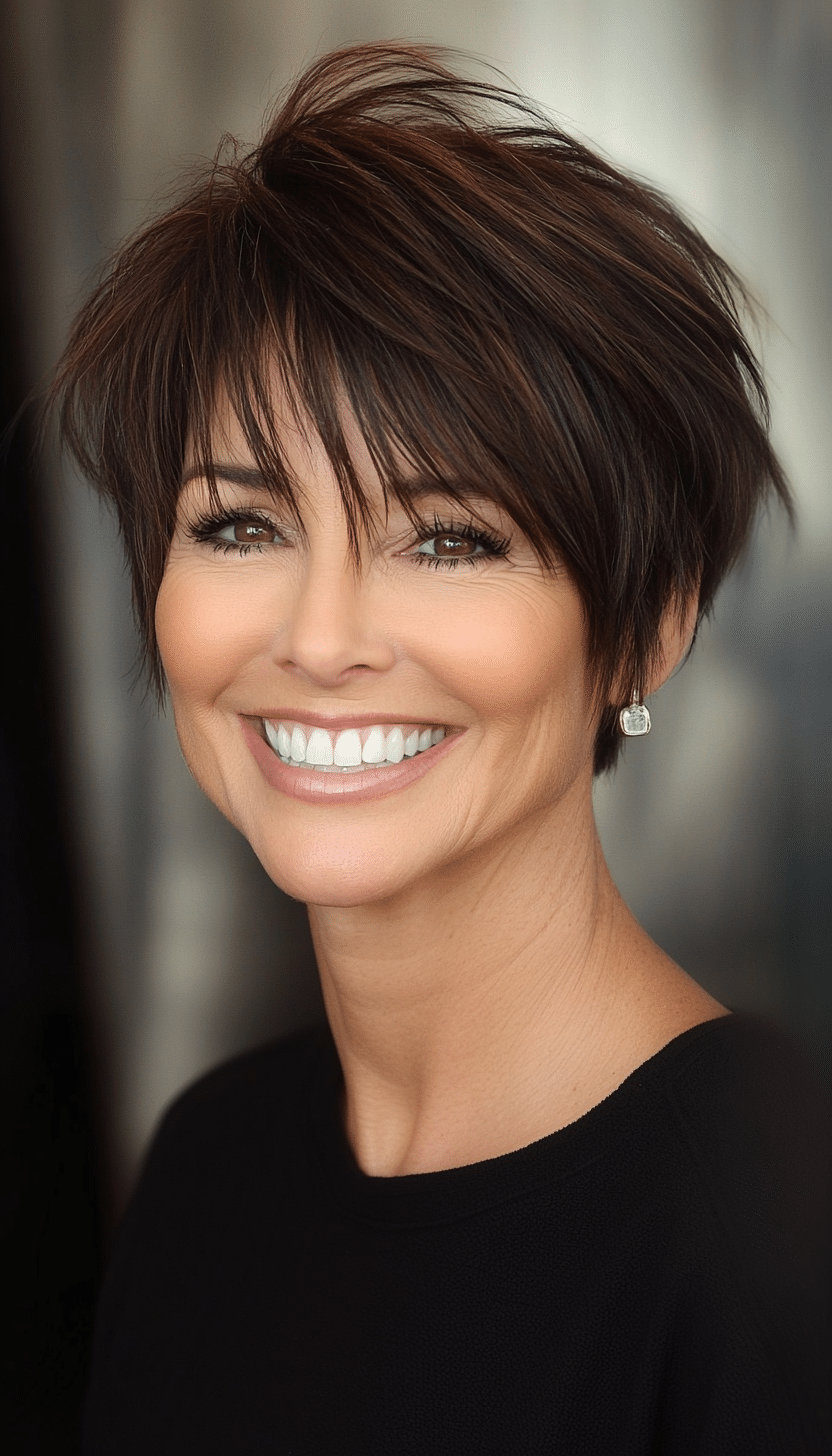 19. Messy Pixie with Side Bangs in Deep Mocha Brown (Short Hairstyles For Older Women) - Short Hairstyles For Older Women