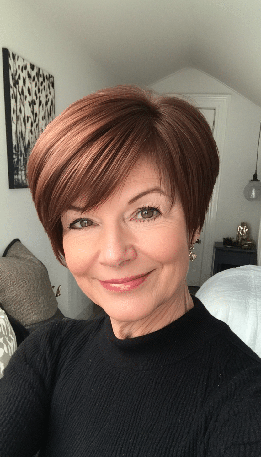 23. Pixie with Long Bangs in Chestnut Brown (Short Hairstyles For Older Women) - Short Hairstyles For Older Women