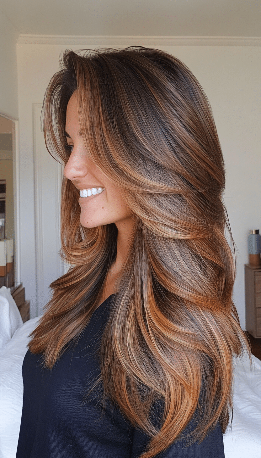 7. Feathered Layers with Caramel Balayage (Haircuts For Long Hair With Layers) - Haircuts For Long Hair With Layers