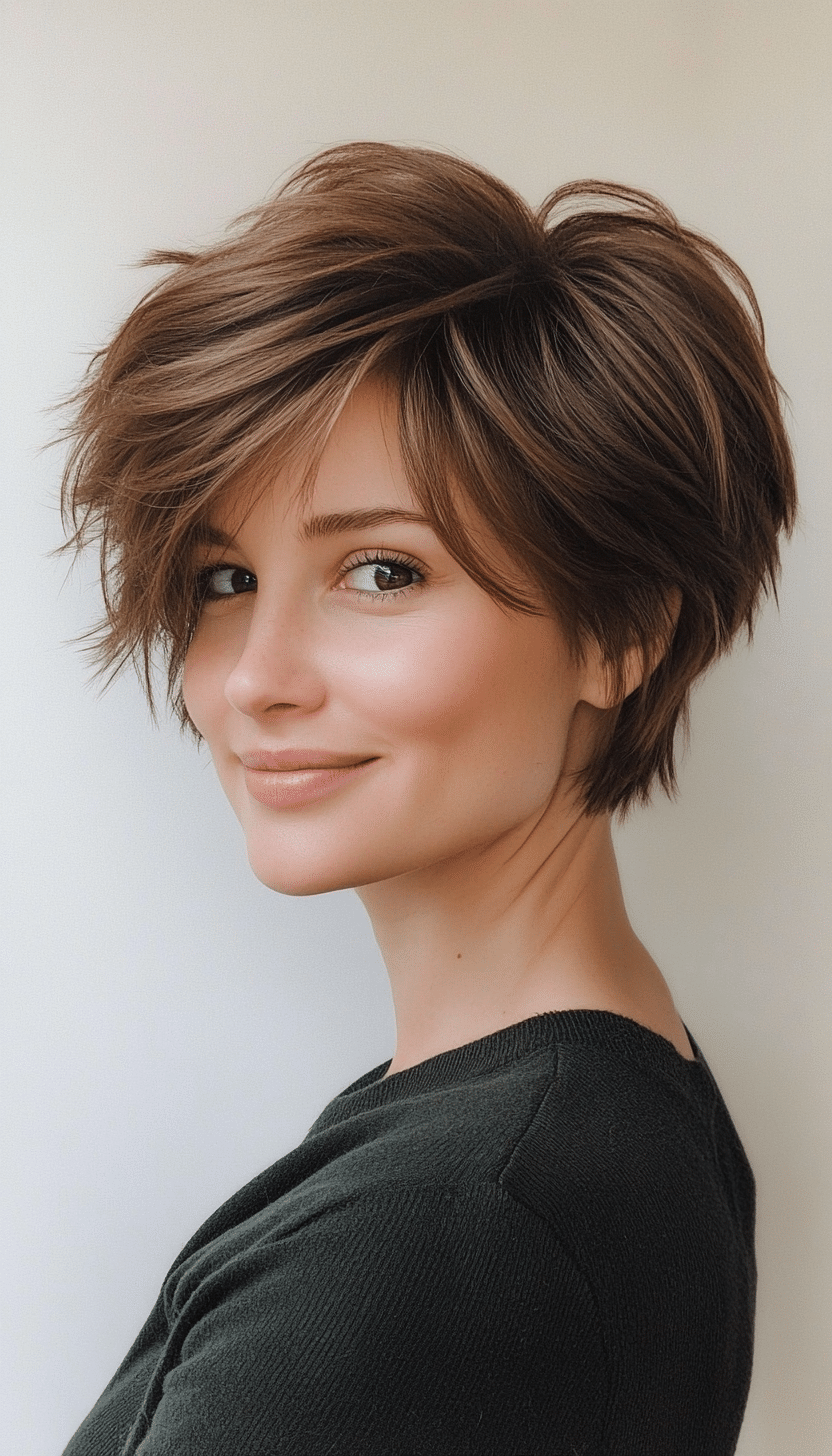 2. Feathered Brunette Pixie (Pixie Hairstyles For Thin Hair) - Pixie Hairstyles For Thin Hair