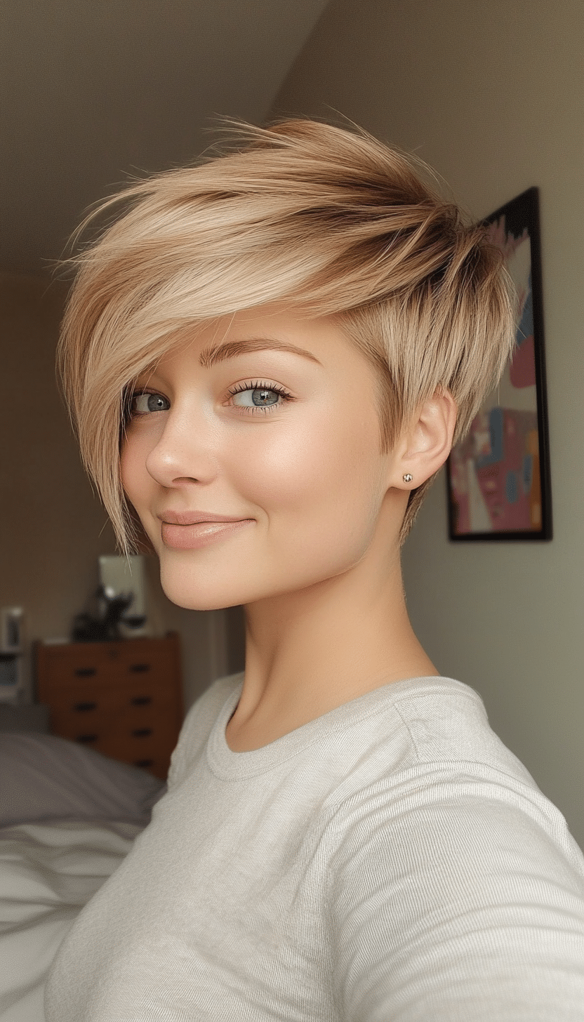 5. Warm Honey Blonde Pixie with Side Bangs (Pixie Hairstyles For Thin Hair) - Pixie Hairstyles For Thin Hair