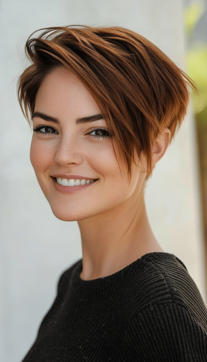 7. Chestnut Brown Pixie with Side-Swept Layers (Pixie Hairstyles For Thin Hair) - Pixie Hairstyles For Thin Hair