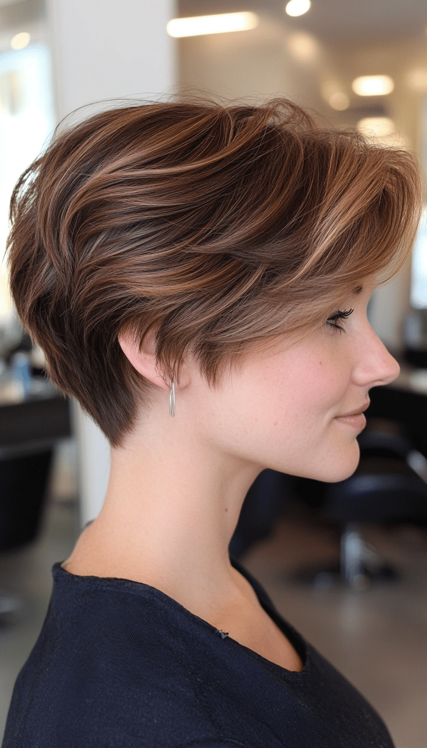 8. Caramel Brown Pixie with Soft Waves (Pixie Hairstyles For Thin Hair) - Pixie Hairstyles For Thin Hair