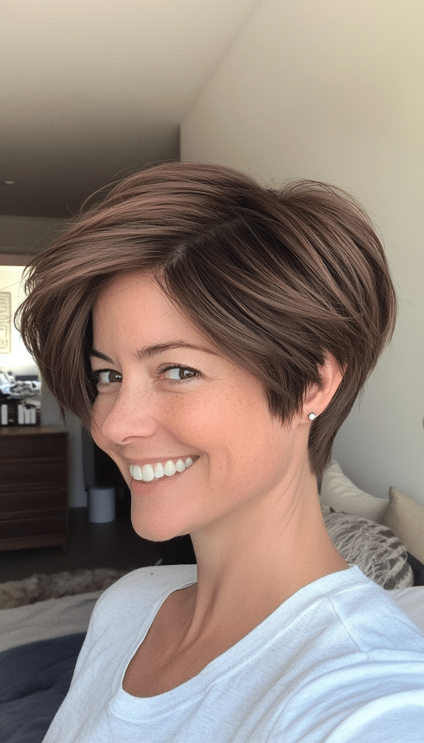 11. Mocha Brown Pixie with Stacked Layers (Pixie Hairstyles For Thin Hair) - Pixie Hairstyles For Thin Hair