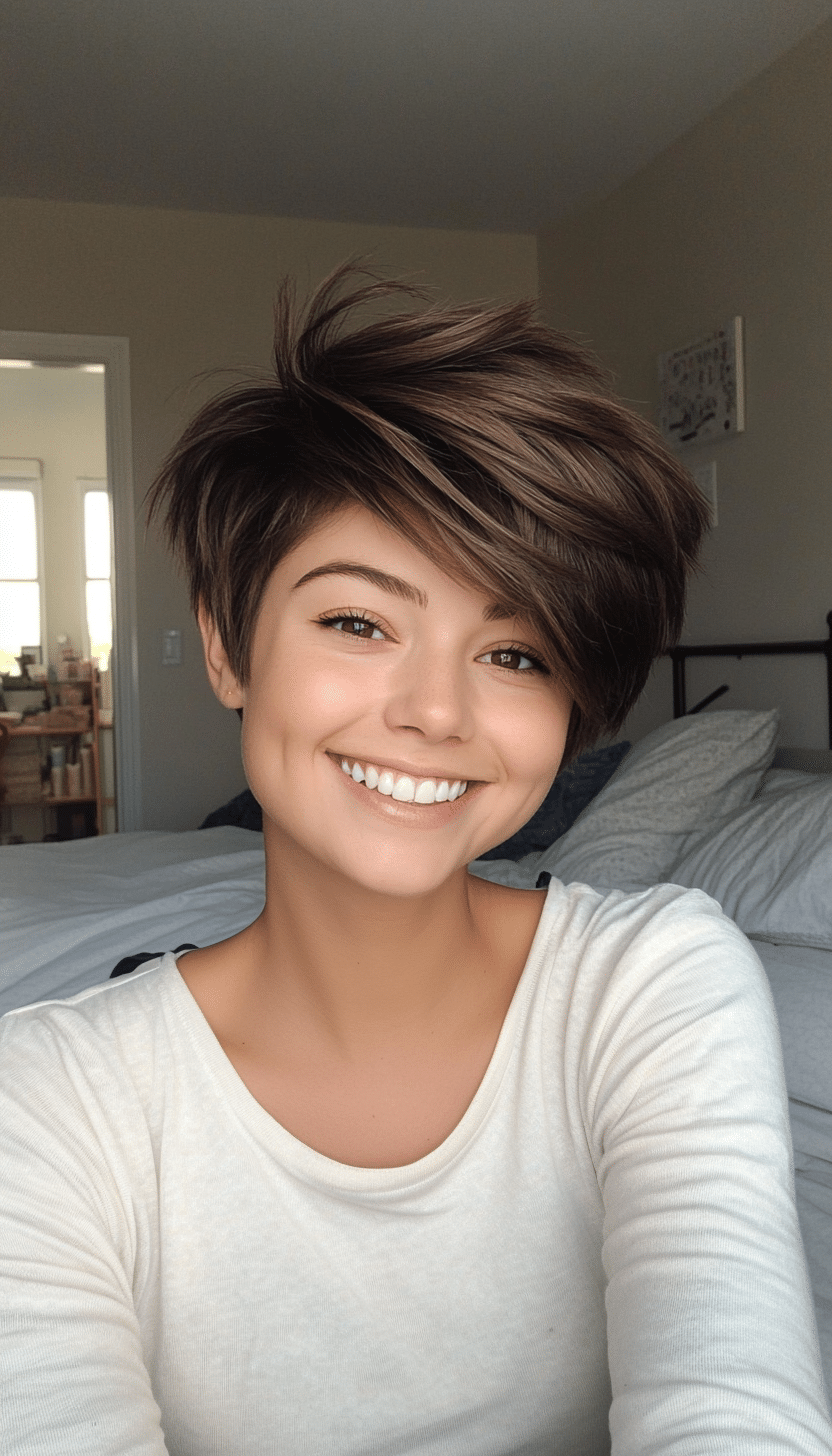 14. Sunkissed Brunette Pixie with Choppy Ends (Pixie Hairstyles For Thin Hair) - Pixie Hairstyles For Thin Hair