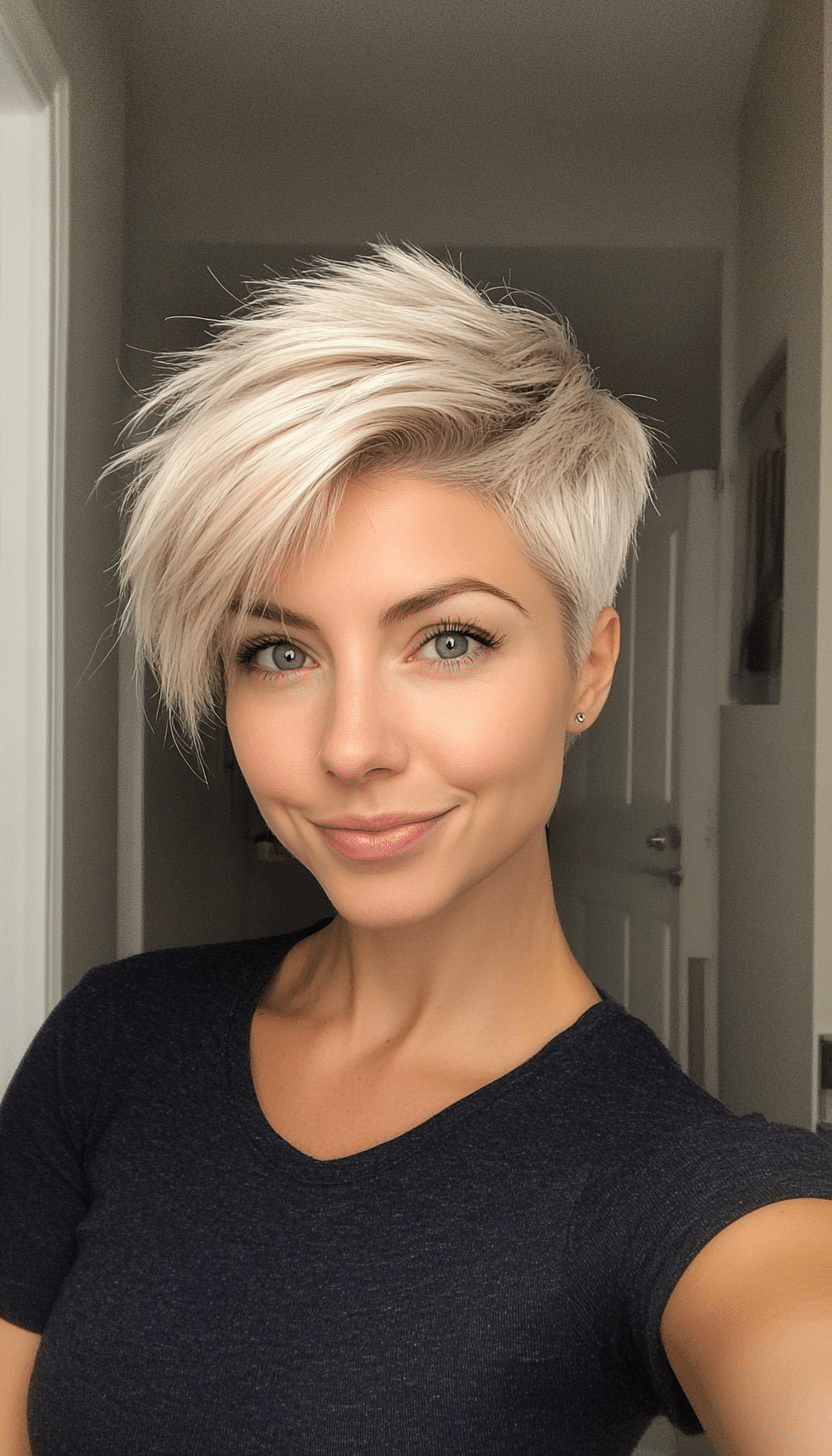15. Platinum Blonde Pixie with Textured Top (Pixie Hairstyles For Thin Hair) - Pixie Hairstyles For Thin Hair