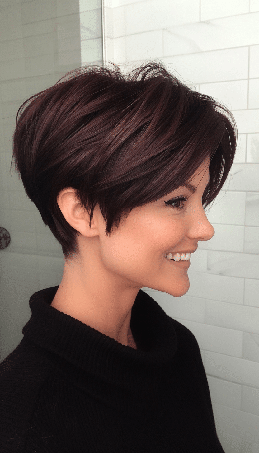 24. Dark Mahogany Pixie with Asymmetrical Layers (Pixie Hairstyles For Thin Hair) - Pixie Hairstyles For Thin Hair