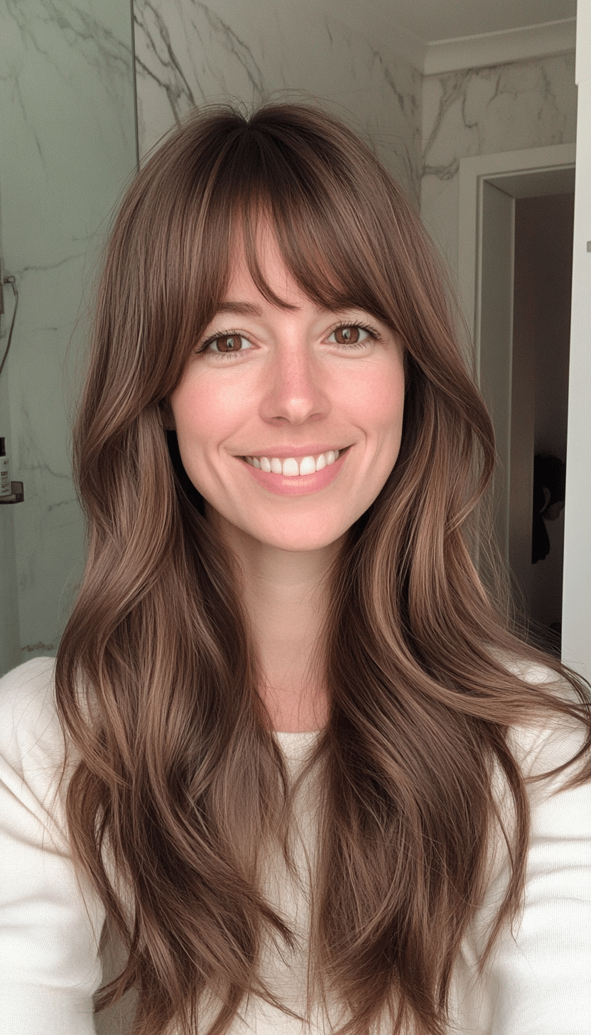 17. Long Bottleneck Bangs with Amber Brown (Haircuts For Long Brown Hair) - Haircuts For Long Brown Hair