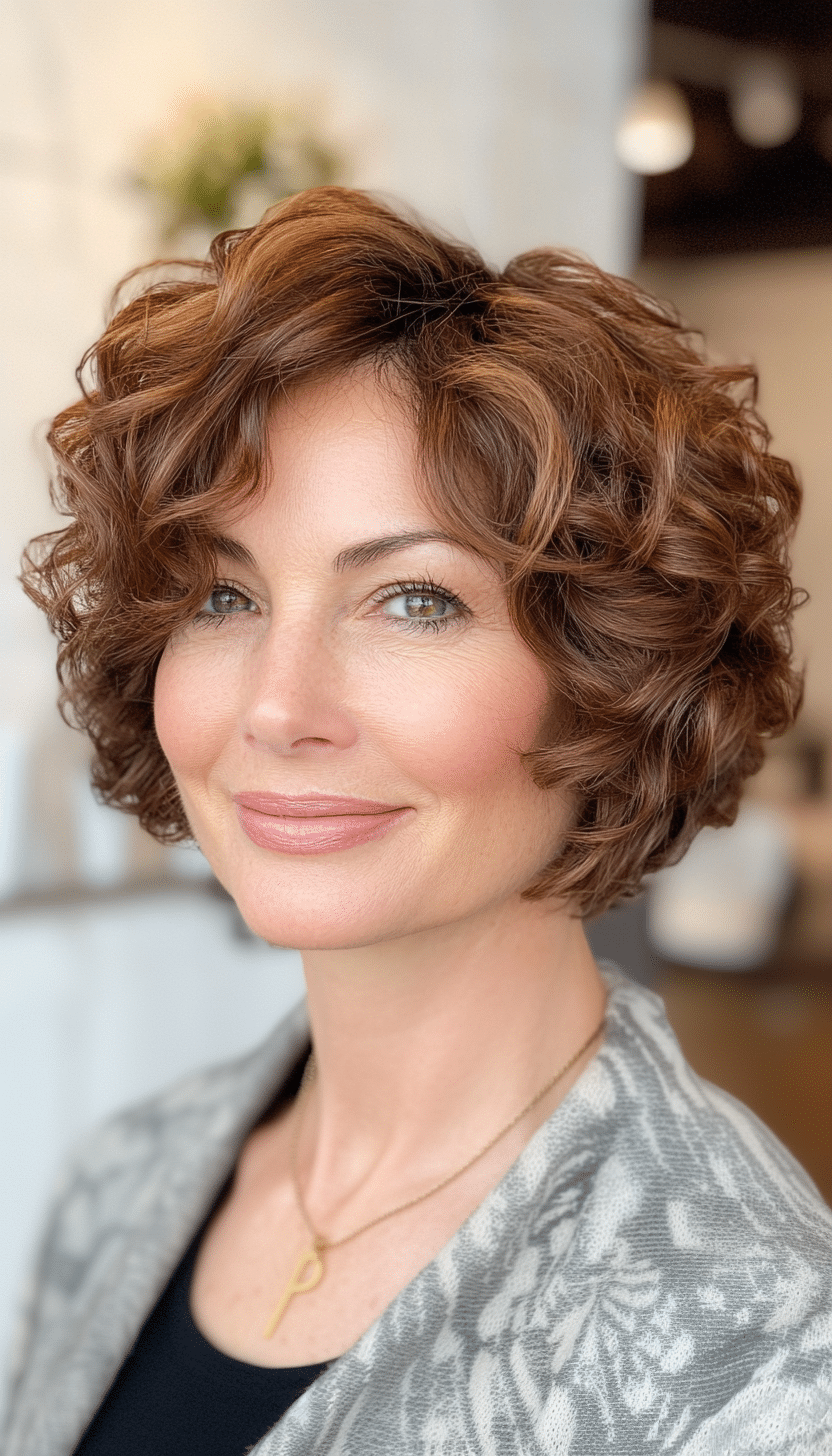 1. Soft Curly Bob in Warm Chestnut (Short Curly Hairstyles For Women Over 50) - Short Curly Hairstyles For Women Over 50