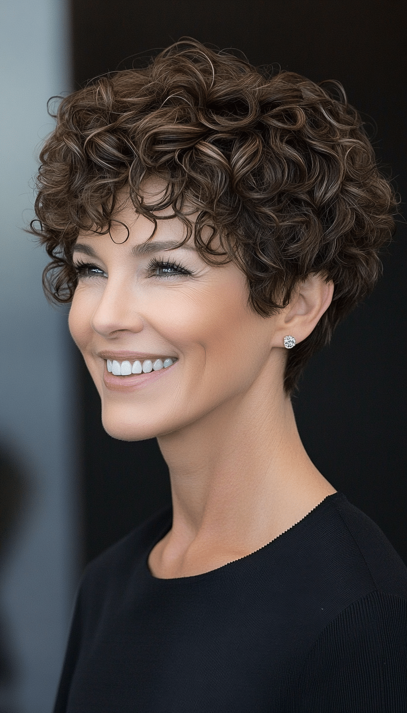 2. Layered Curly Pixie in Deep Espresso (Short Curly Hairstyles For Women Over 50) - Short Curly Hairstyles For Women Over 50