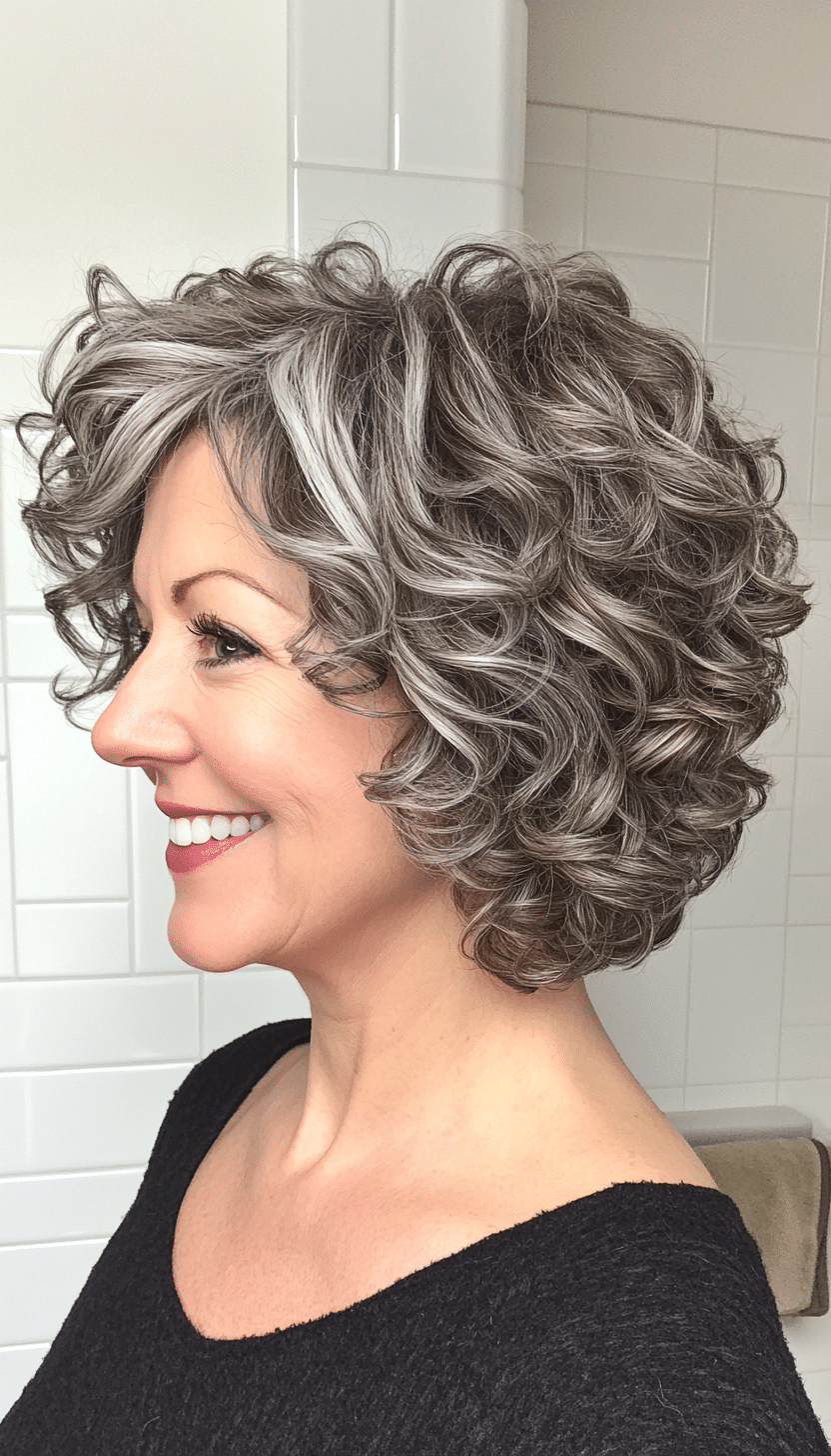 10. Curly Stacked Bob in Natural Gray (Short Curly Hairstyles For Women Over 50) - Short Curly Hairstyles For Women Over 50