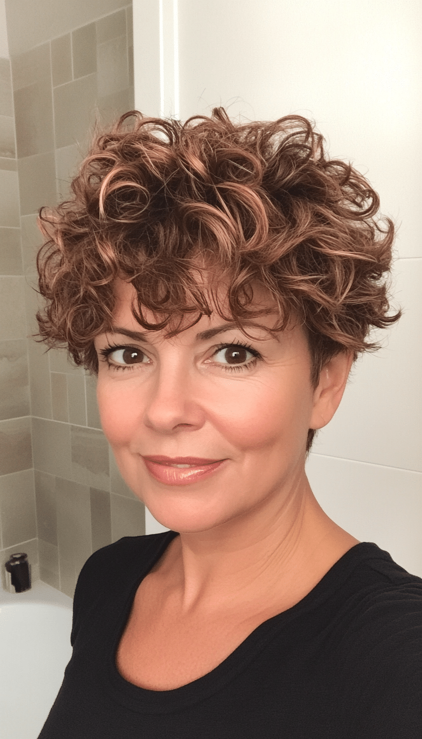 11. Tousled Pixie Cut in Soft Caramel Brown (Short Curly Hairstyles For Women Over 50) - Short Curly Hairstyles For Women Over 50