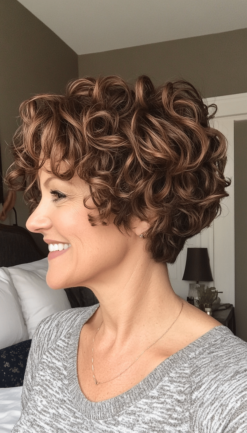 15. Asymmetrical Curly Pixie in Warm Brunette (Short Curly Hairstyles For Women Over 50) - Short Curly Hairstyles For Women Over 50