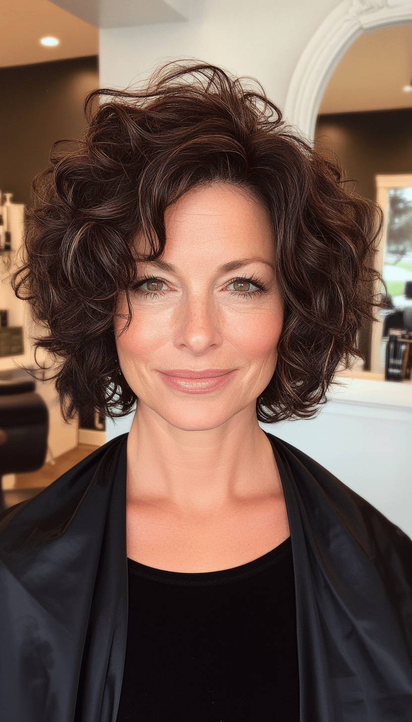 20. Angled Curly Bob in Deep Mahogany (Short Curly Hairstyles For Women Over 50) - Short Curly Hairstyles For Women Over 50