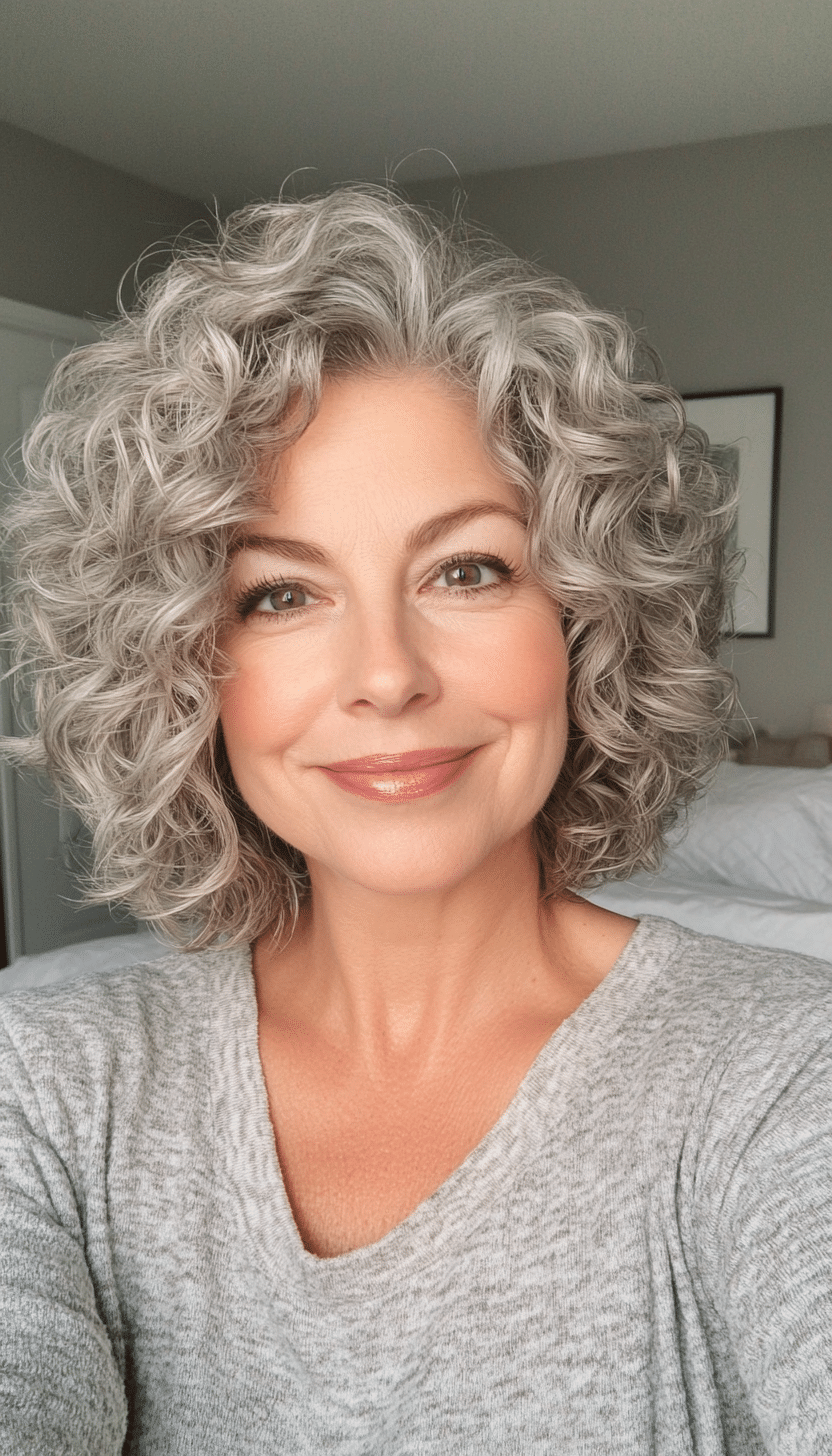 23. Short Curly Shag in Natural Silver (Short Curly Hairstyles For Women Over 50) - Short Curly Hairstyles For Women Over 50
