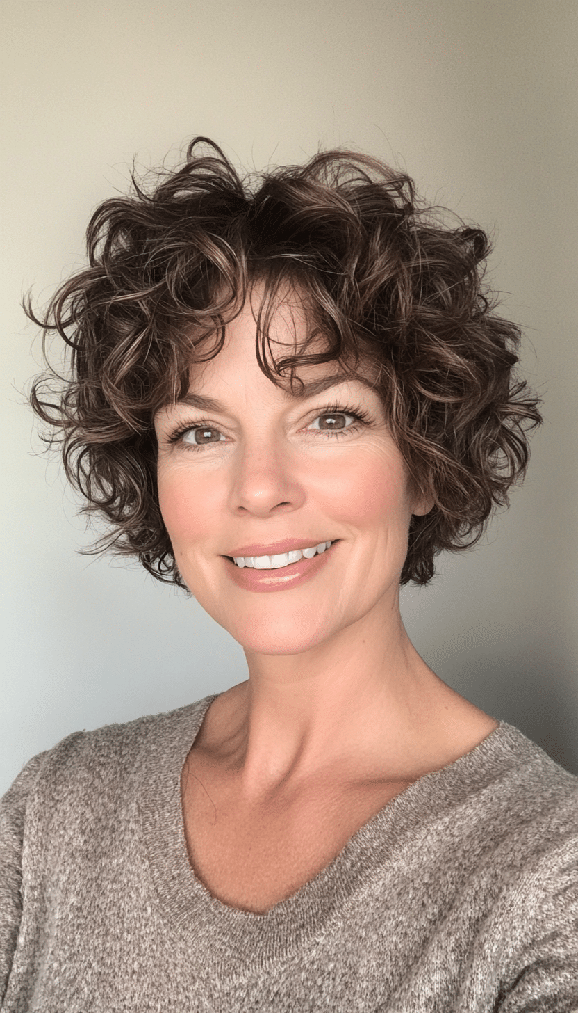 27. Messy Curly Pixie in Cool Taupe Brown (Short Curly Hairstyles For Women Over 50) - Short Curly Hairstyles For Women Over 50