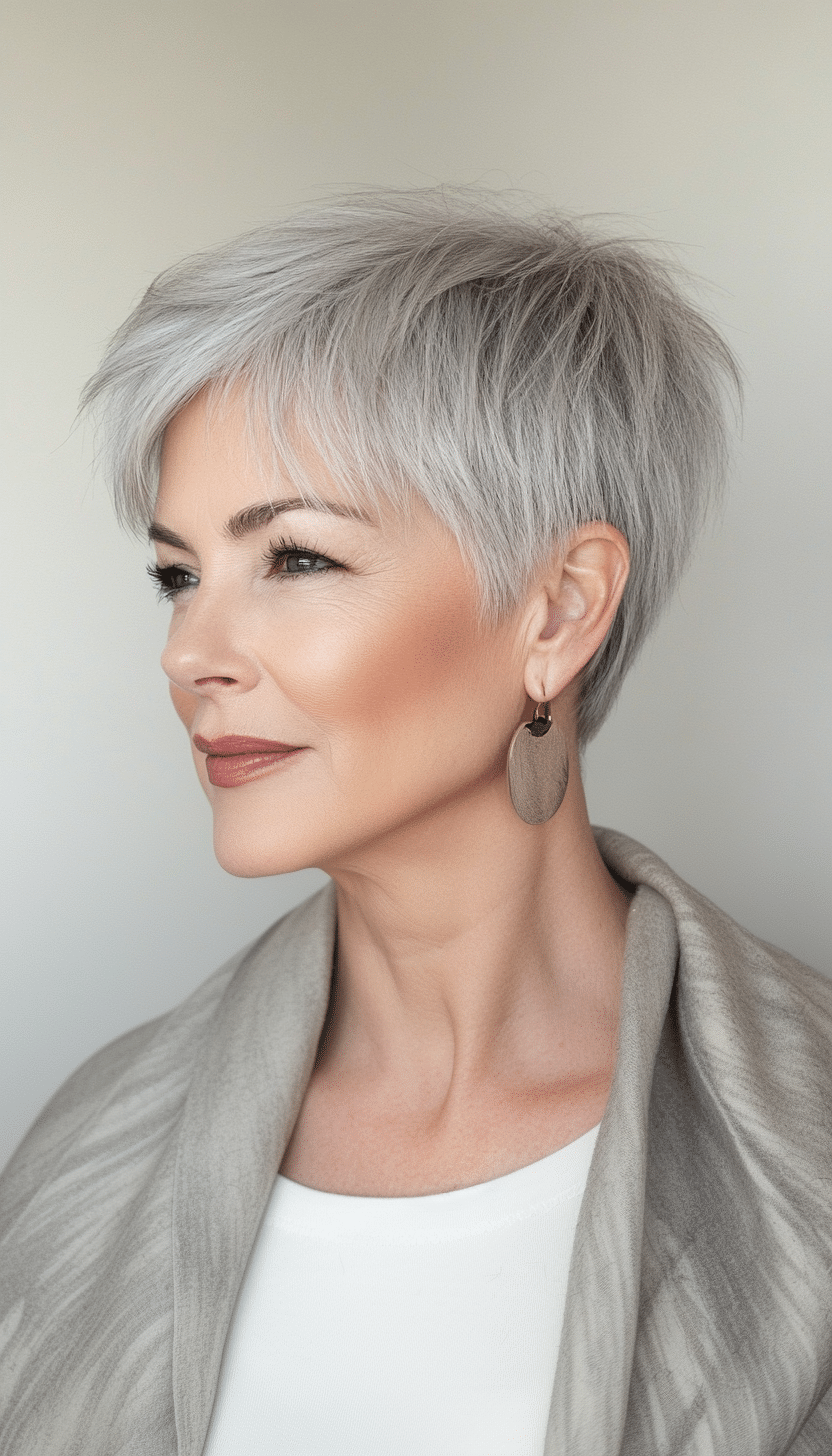 7. Side-Swept Pixie in Salt and Pepper (Haircuts For Women Over 60 With Thin Hair) - Haircuts For Women Over 60 With Thin Hair
