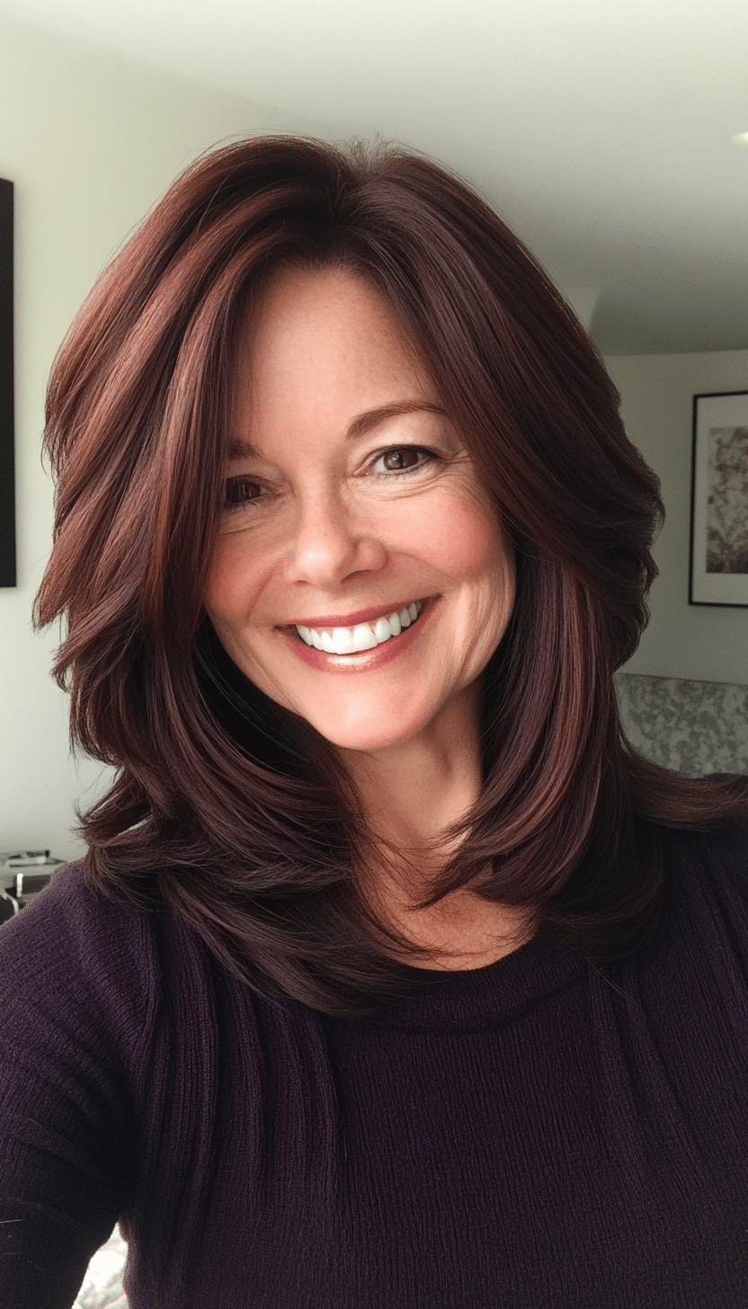 18. Mid-Length Shag in Deep Mahogany (Haircuts For Women Over 60 With Thin Hair) - Haircuts For Women Over 60 With Thin Hair