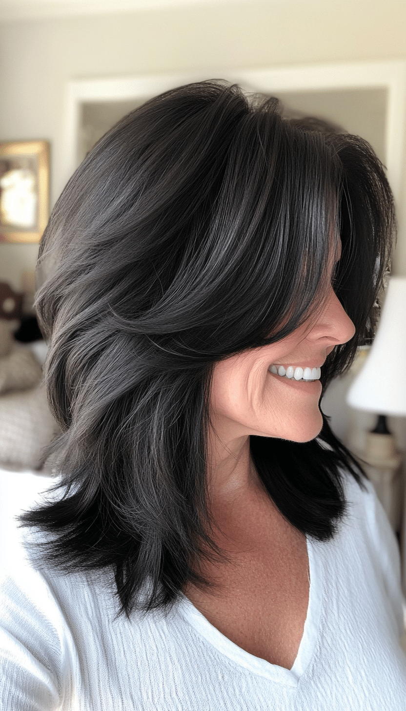 20. Layered Lob with Side Bangs in Natural Black (Haircuts For Women Over 60 With Thin Hair) - Haircuts For Women Over 60 With Thin Hair