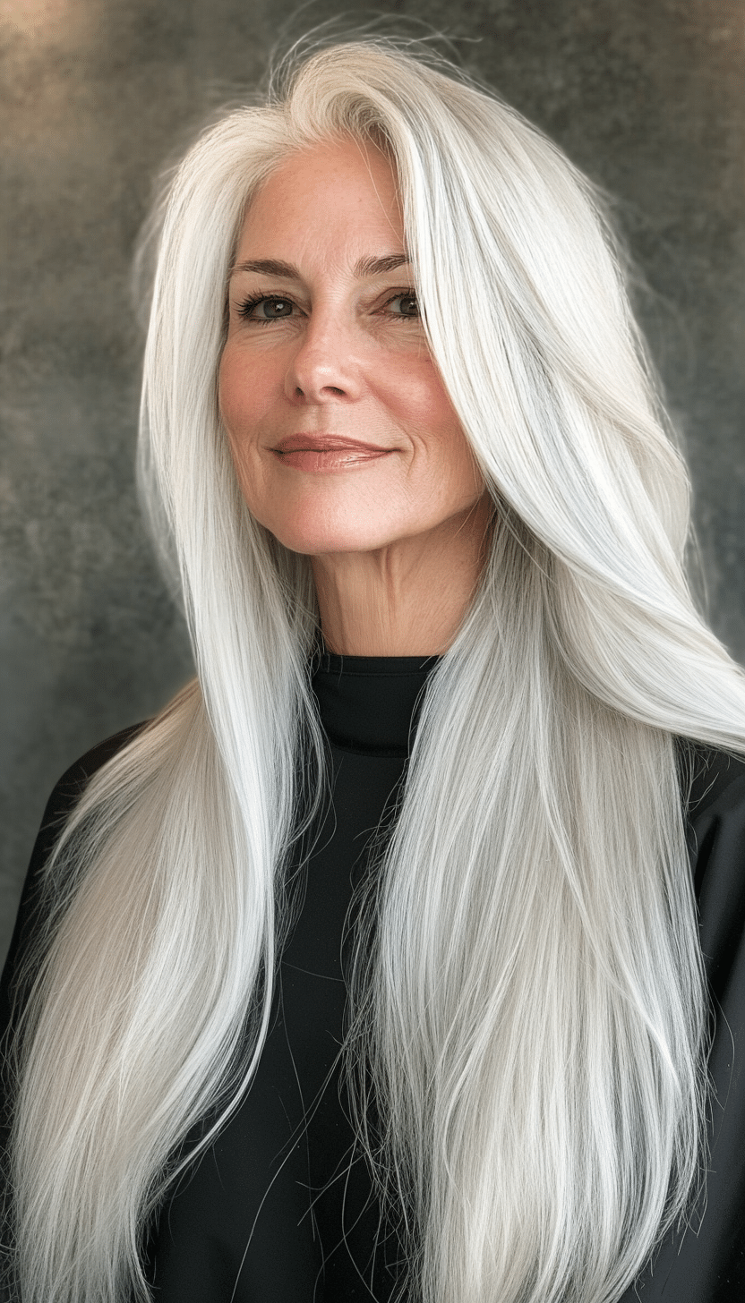 6. Sleek Straight Cut in Silver White (Long Hairstyles For Women Over 60) - Long Hairstyles For Women Over 60