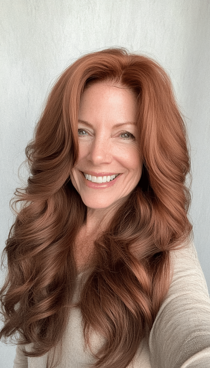 9. Elegant Soft Waves in Dark Auburn (Long Hairstyles For Women Over 60) - Long Hairstyles For Women Over 60