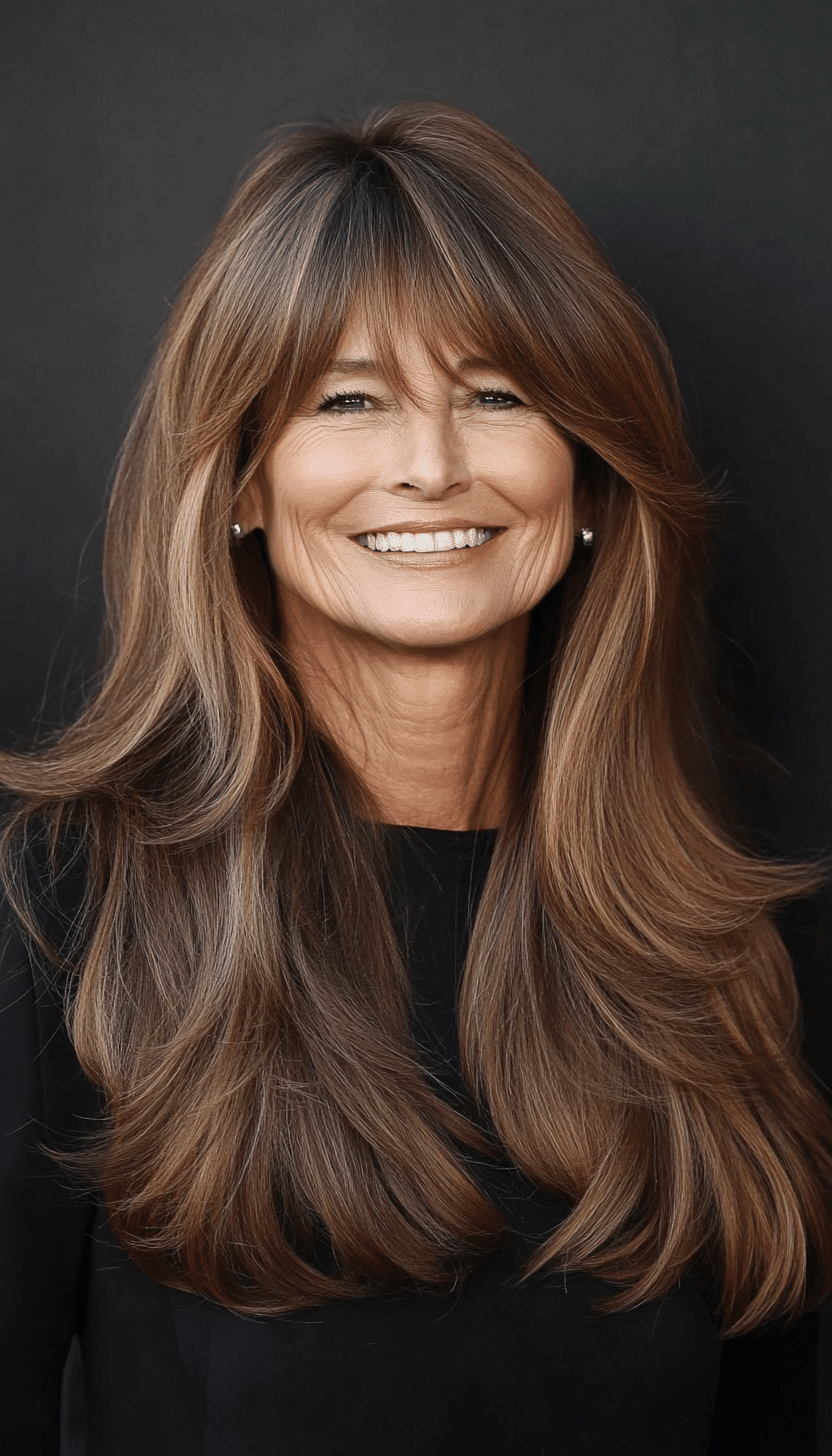 10. Blunt Cut with Wispy Bangs in Caramel Brown (Long Hairstyles For Women Over 60) - Long Hairstyles For Women Over 60