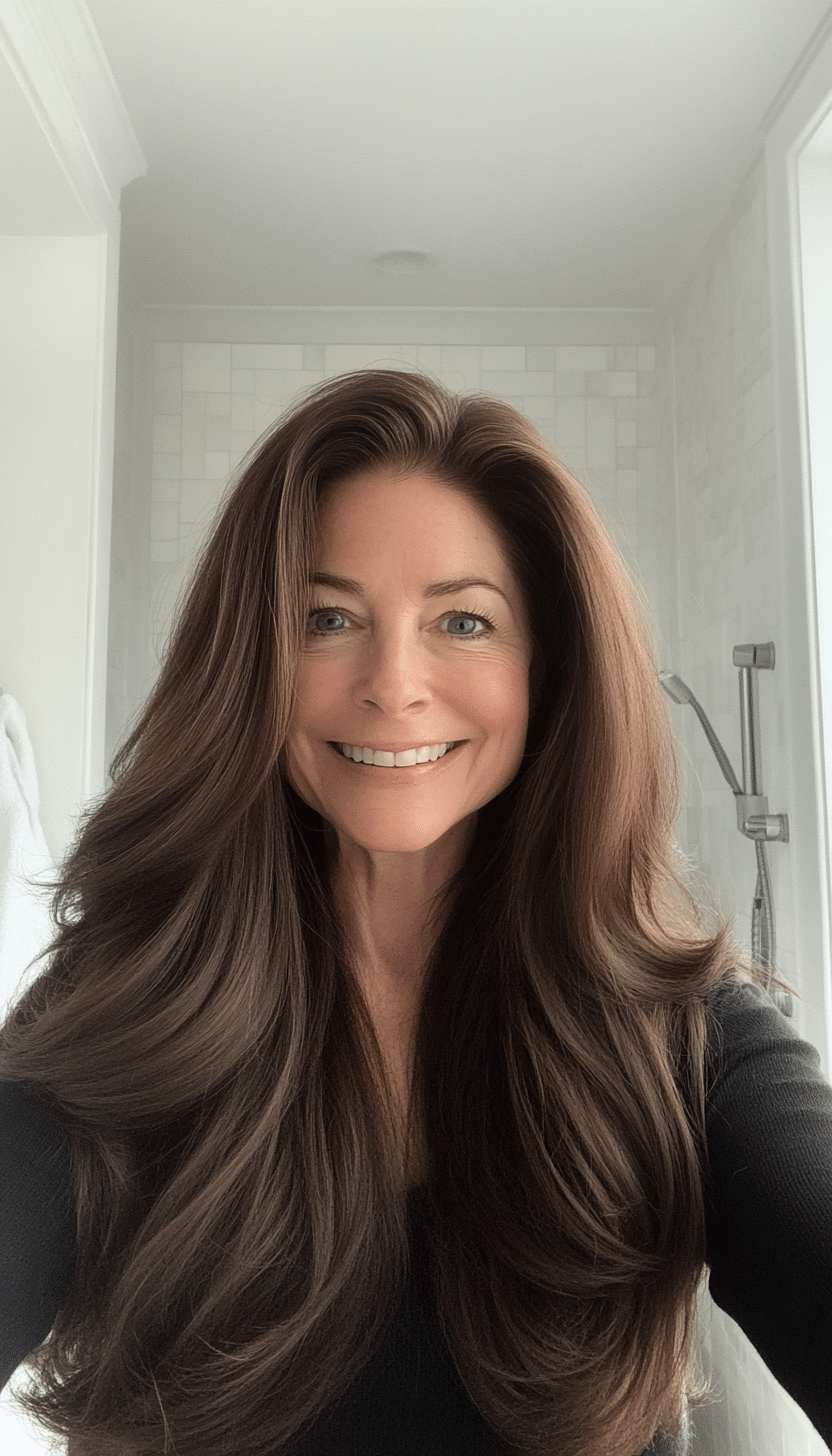 12. Voluminous Blowout in Deep Espresso (Long Hairstyles For Women Over 60) - Long Hairstyles For Women Over 60