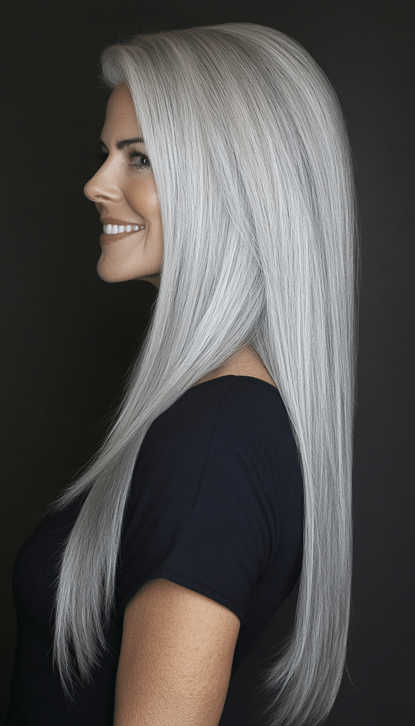 17. Straight with Side Part in Silver Gray (Long Hairstyles For Women Over 60) - Long Hairstyles For Women Over 60