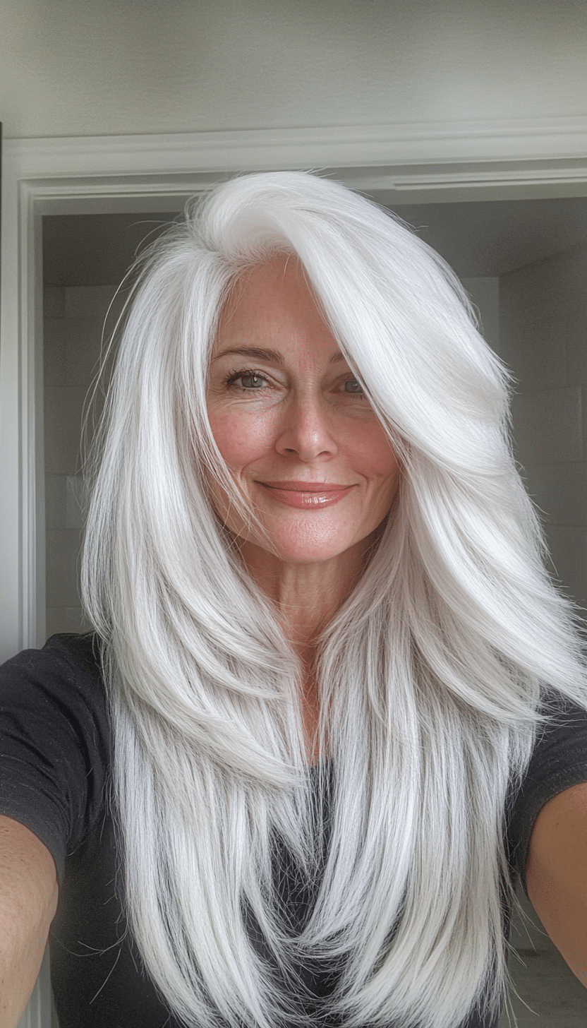 19. Long Choppy Layers in Natural White (Long Hairstyles For Women Over 60) - Long Hairstyles For Women Over 60